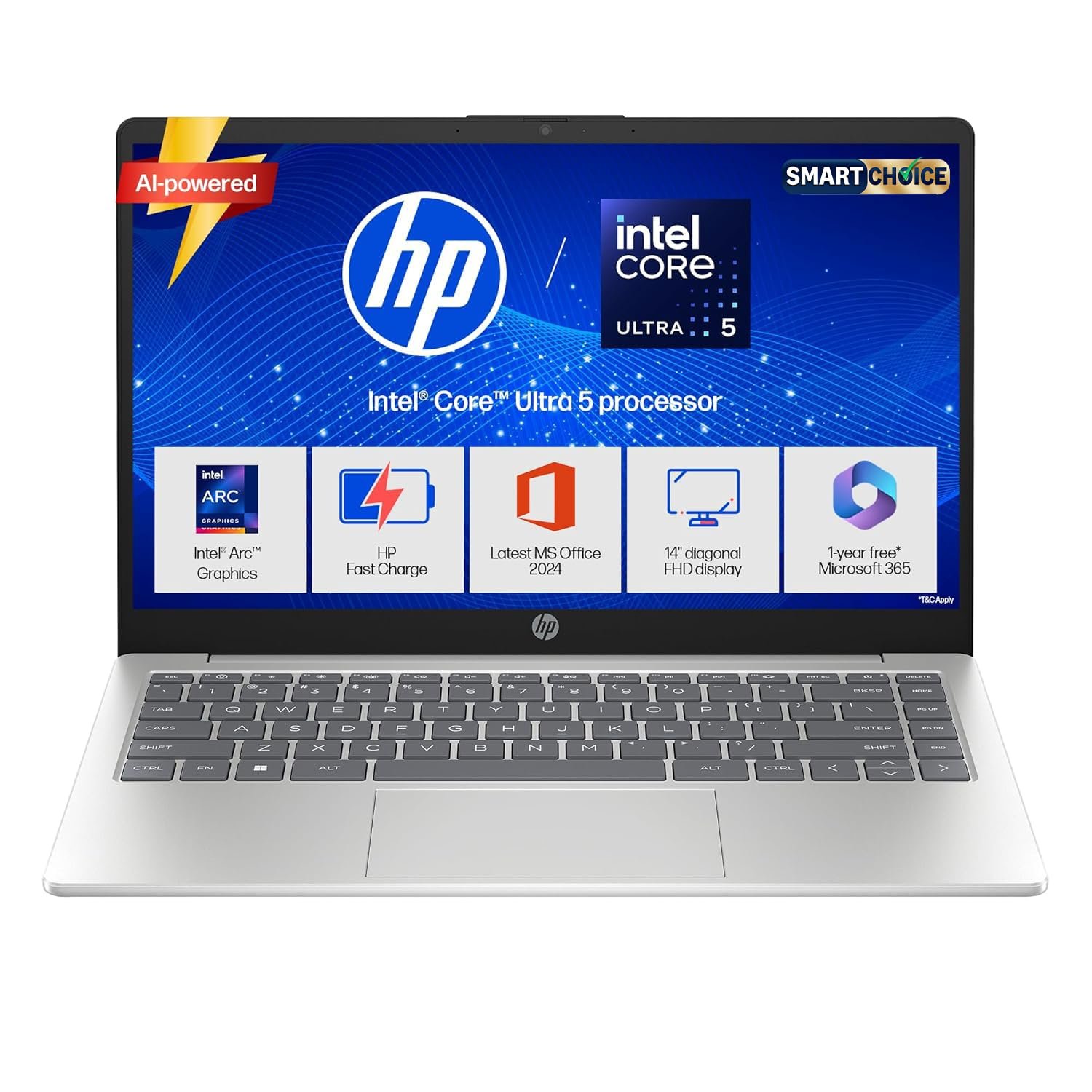 HP 15 Smartchoice, Intel Core Ultra 5 125H 12 TOPS, 24GB DDR5 (Upgradeable) 1TB SSD,Anti-Glare, FHD, 15''/39.6cm,Win11, M365*Office24, Silver, 1.65kg, FD1458TU, FHD Camera w/Shutte