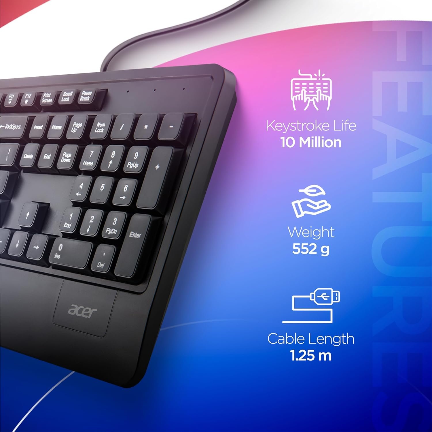 Acer PalmEase Wired Keyboard with Palm Rest | Plug & Play USB 2.0 | Co-Pilot Shortcut Key | Rupee ₹ Symbol | 10M Keystroke Life | 104 Chiclet Keys | Windows & Mac Compatible – Blac
